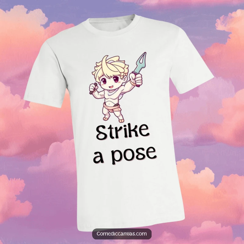 Funny t-shirt featuring a cute sculpture arm character dramatically posing with a tool, representing artistic expression.