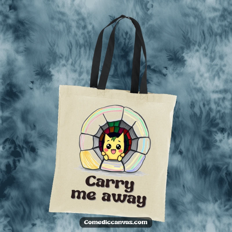 Funny tote bag featuring a mischievous crayon character humorously drawing a small, colorful escape tunnel, perfect for carrying essentials with wit.