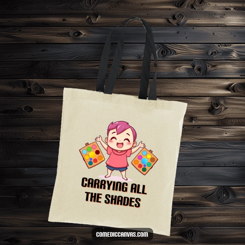 Funny tote bag depicting a happy character juggling three vibrant art palettes, symbolizing artistic skill and colorful expression.