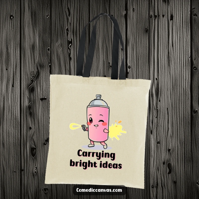 Funny tote bag with a determined spray paint can character leaving a vibrant, colorful trail, a creative accessory.