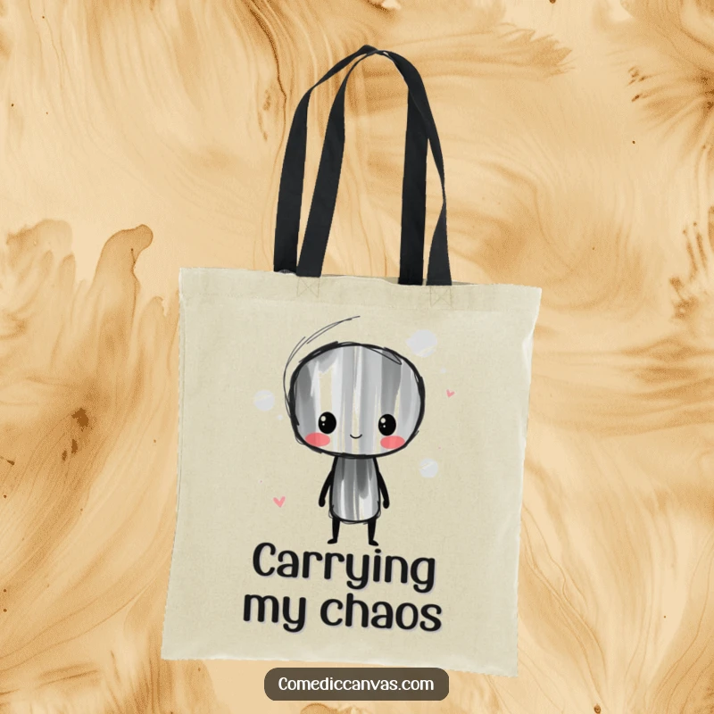 Funny Charcoal Stick Tote Bag depicting a whimsical character enthusiastically smudging artful lines, perfect for carrying creative tools.