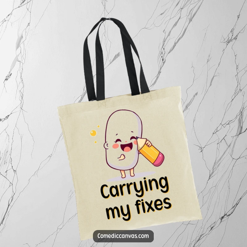Funny tote bag with a joyful character poking a giant, bouncy eraser with a pencil, symbolizing playful art creation.