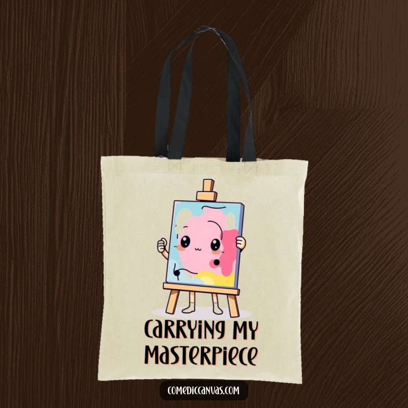 Funny determined easel character holding up a comically abstract masterpiece, durable tote bag, comical artistic illustration.