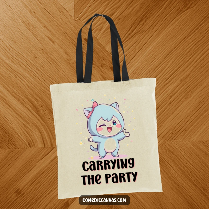Funny tote bag with a mischievous character playfully throwing glittery confetti, ideal for carrying party essentials and good vibes.