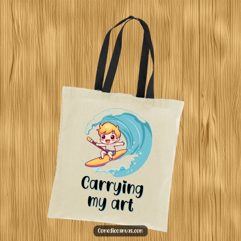 Funny tote bag depicting a character giggling while surfing a canvas wave on a paintbrush, a practical and amusing accessory for creatives.