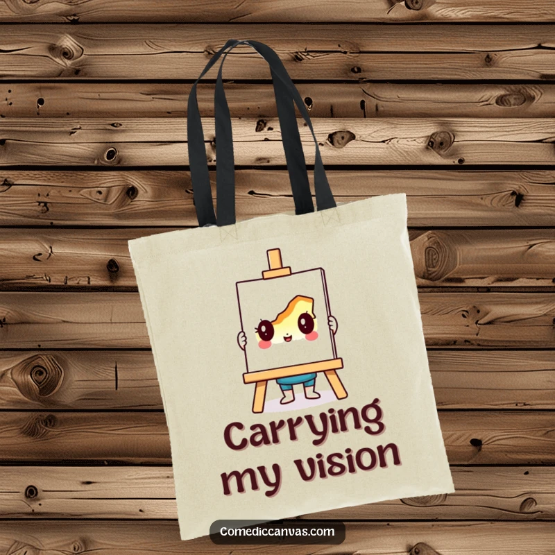Funny tote bag depicting a cute easel character showcasing its unfinished, colorful drawing, ideal for art students and hobbyists.
