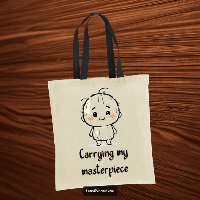 Funny tote bag showing a determined charcoal stick character joyfully smudging artistic lines, ideal for carrying art supplies with a humorous flair.