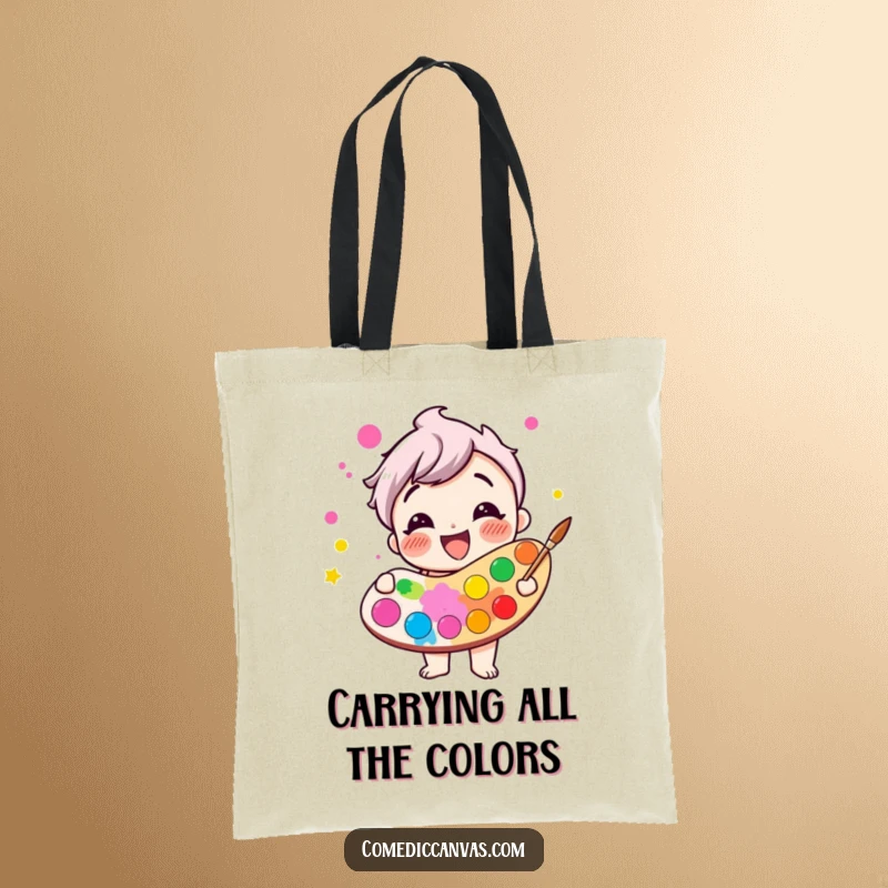 Funny giggling paint palette character overflowing with bright colors, durable tote bag, comical artistic illustration.