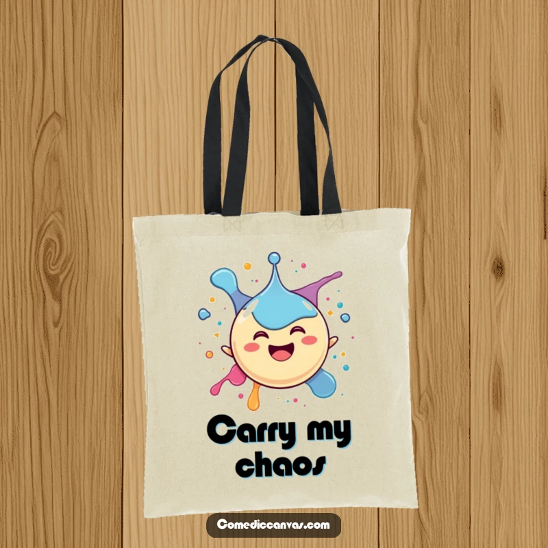 Funny tote bag featuring a happy spherical ink drop character gleefully splattering itself with abandon, perfect for carrying items with cheer.