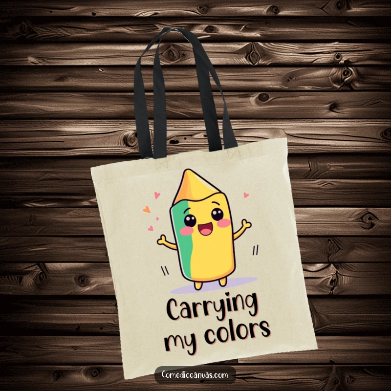 Funny tote bag showcasing a happy, kawaii crayon wiggling with delight as it draws, a charming accessory for art lovers.