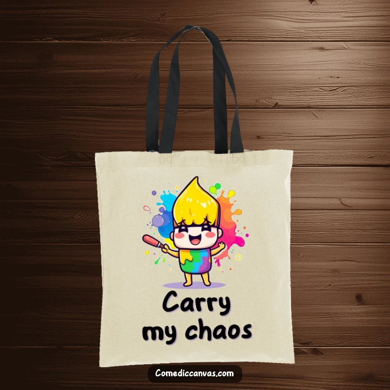 Funny tote bag with a cheerful paintbrush character joyfully splattering rainbow paint, ideal for carrying art supplies.