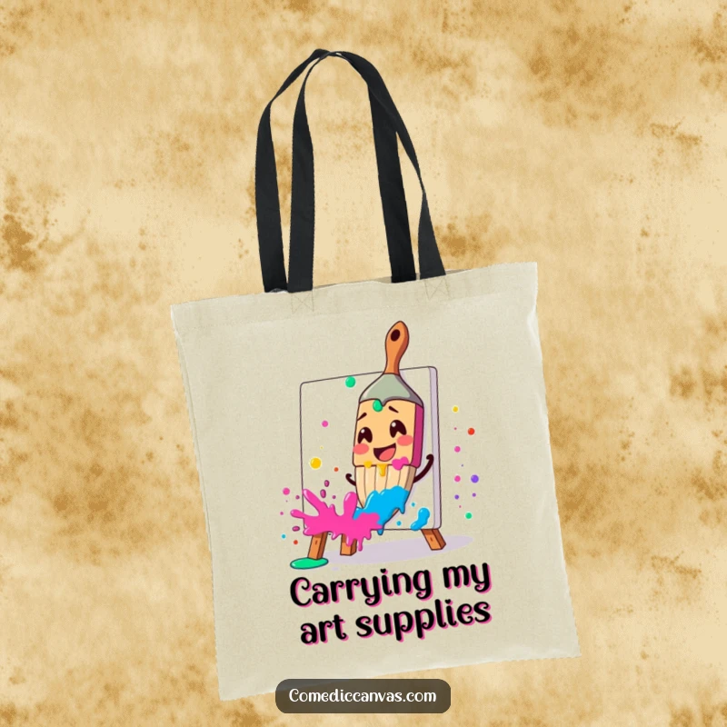 Funny tote bag with a smiling paintbrush splattering paint, perfect for carrying art supplies, a funny gift.