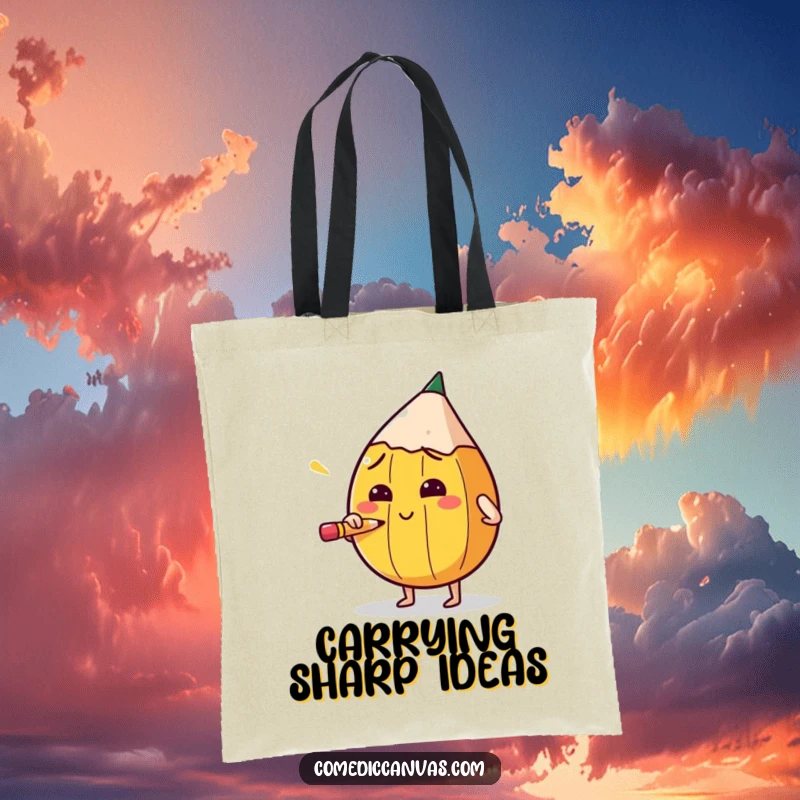 Funny tote bag with a round pencil character sharpening itself with intense concentration, symbolizing study and preparation.