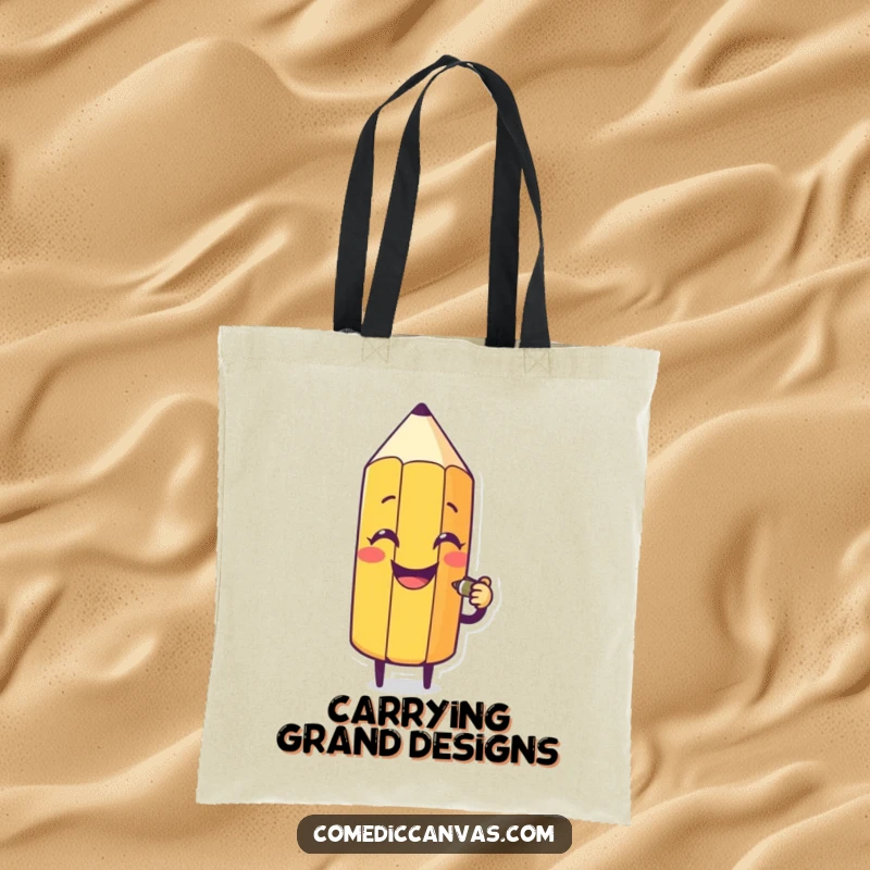 Funny tote bag designed with a cheerful pencil character busily sketching a comical silly face, ideal for art supplies.