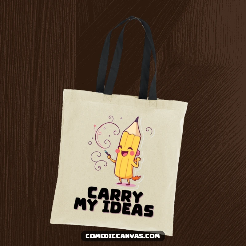 Funny tote bag with a delighted pencil character actively drawing a whimsical, swirling design, great for artists.