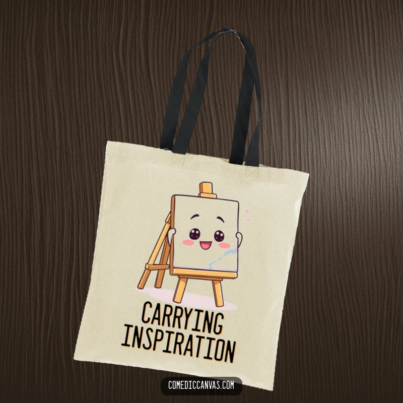 Funny tote bag showing a playful easel character enthusiastically holding up a masterpiece, great for carrying items with an art theme.