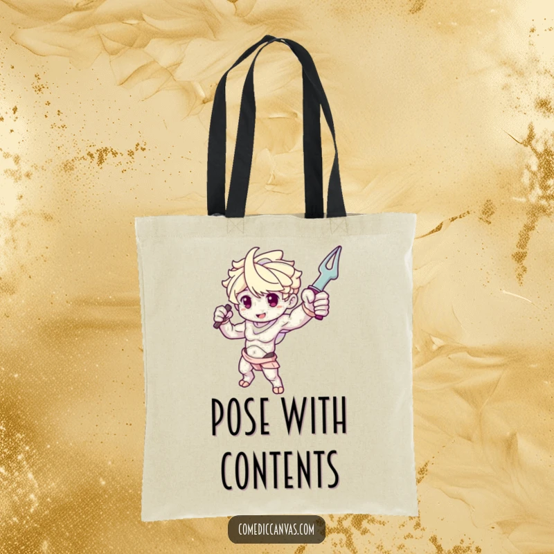 Funny tote bag with a cute sculpture arm character dramatically posing with a tool, great for artists.