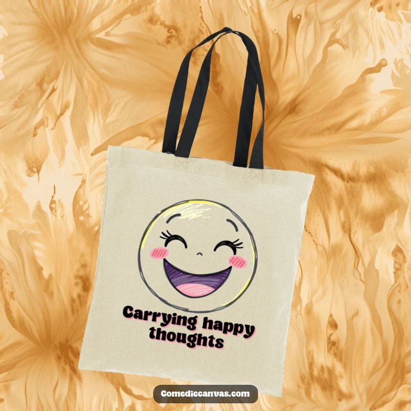 Funny delighted crayon character drawing a giant smiley face, a durable and humorous tote bag.