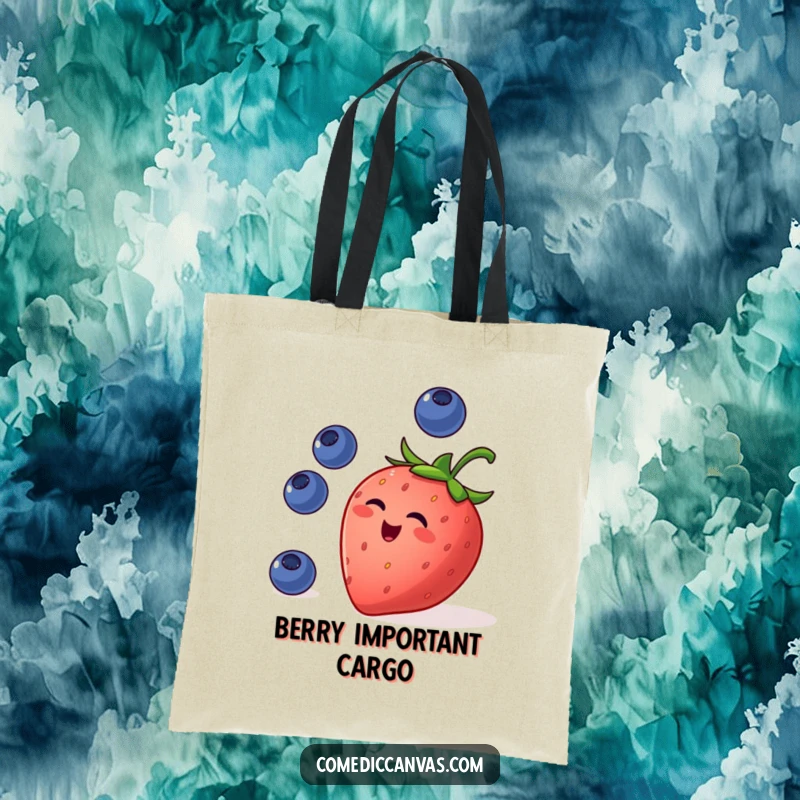 Funny tote bag displaying a mischievous strawberry juggling blueberries, an adorable and practical accessory for fruit enthusiasts.