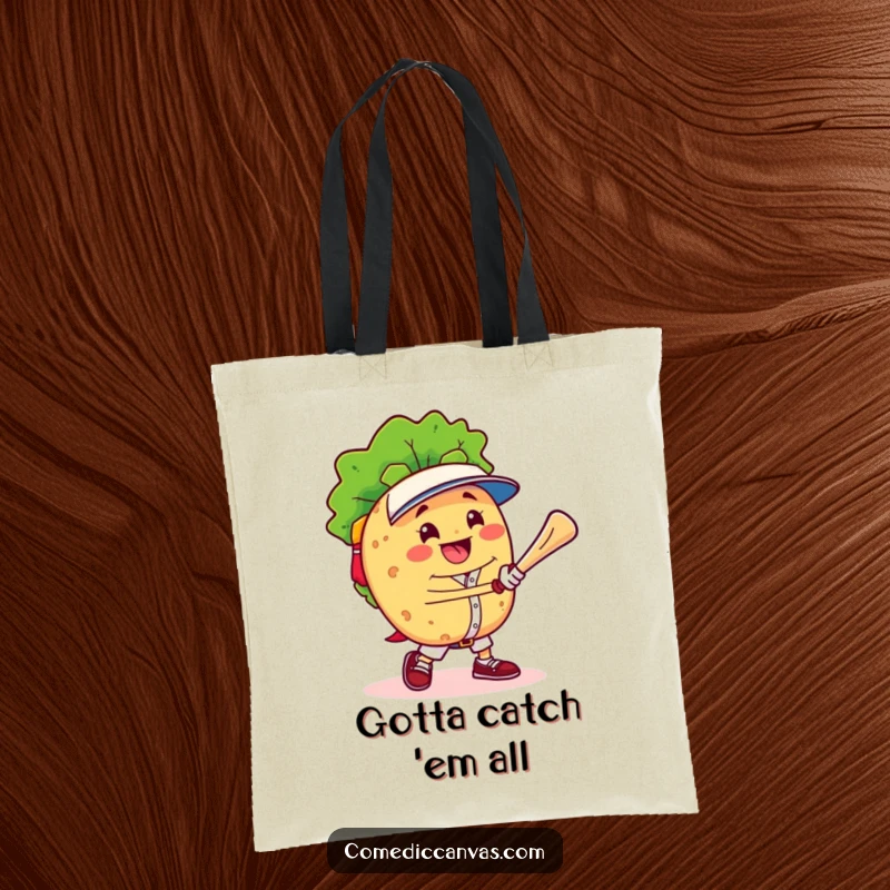Funny cheerful taco character triumphantly playing baseball, printed on a durable tote bag for a humorous carryall.