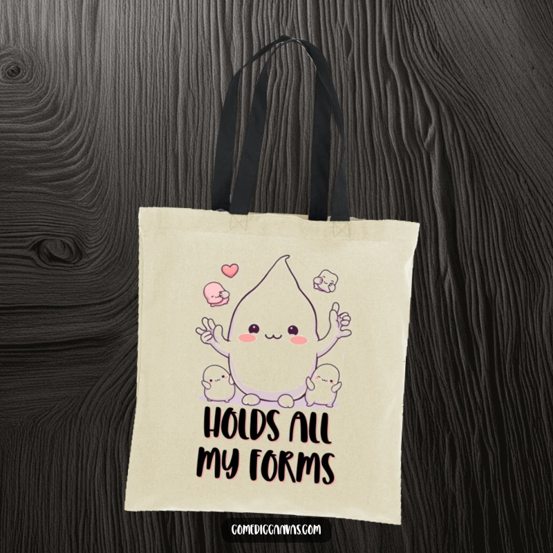 Funny playful clay blob character molding into different shapes, durable tote bag, comical artistic illustration.