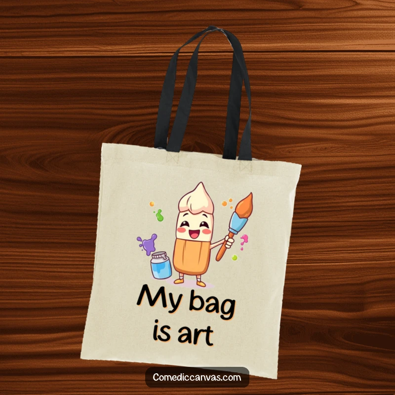 Funny tote bag displaying a delightful paintbrush character in the act of juggling colorful paint pots, perfect for art supplies.